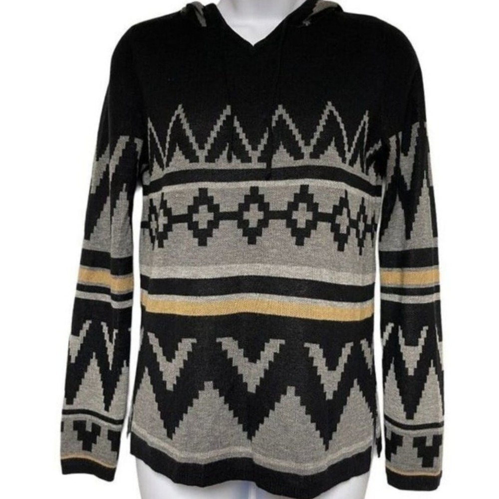 Hooked Up by IOT Womens Black Grey Geometric Aztec Hooded Sweater Size Small